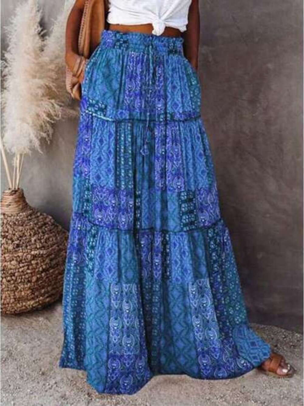 Women's Boho Maxi Skirts Vintage Floral Elastic High Waist A-Line Flowy Skirts T